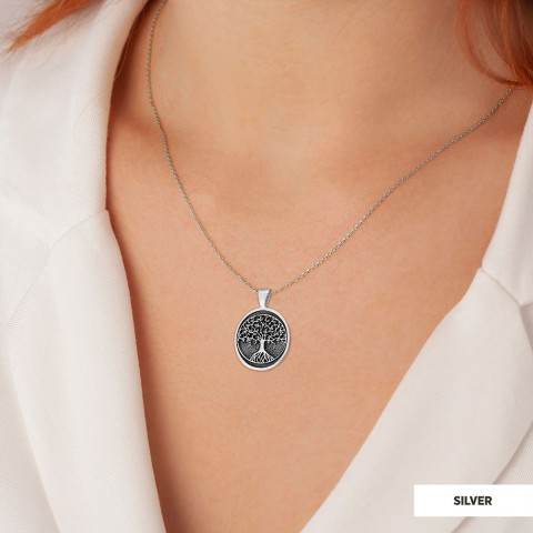 Christian Tree of Life Gold Plated Silver Necklace, Silver Oval Tree of Life Necklace, Silver Christian Pendants