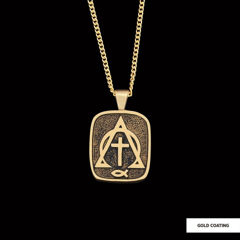 Christian Cross Ichthus Necklace, Alpha Omega Cross Necklace, Square Christianity Ichthus Pendant