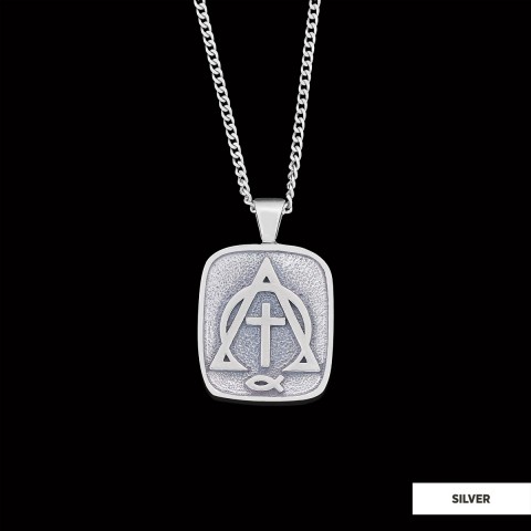 Christian Cross Ichthus Necklace, Alpha Omega Cross Necklace, Square Christianity Ichthus Pendant