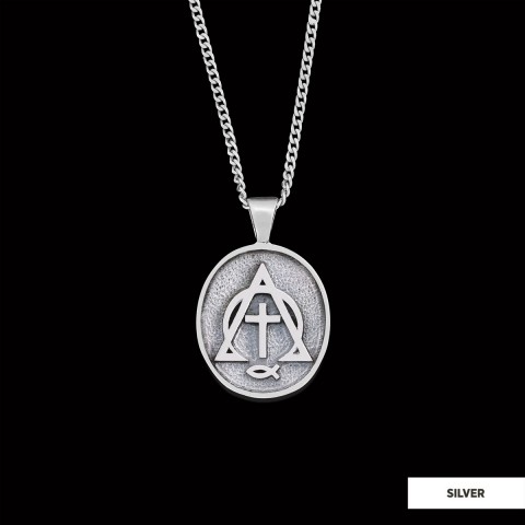 Christian Cross Ichthus Necklace, Square Christian Jewelry, Ichthus Pendant, Alpha Omega Cross Necklace