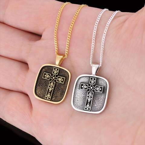 Christian Cross Pendants, Gold Plated Silver Cross Necklace, Square Motif Cross Silver Necklace