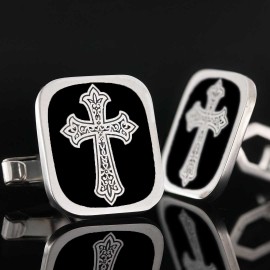 Square Custom Design Silver Christian Cross Embroidered Cufflink