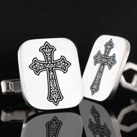 Square Custom Design Silver Christian Cross Embroidered Cufflink