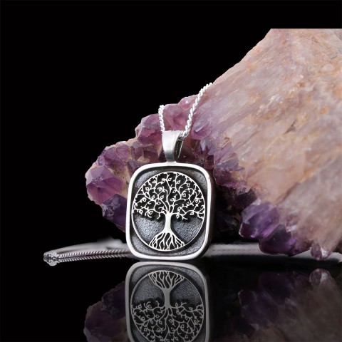 Christian Tree of Life Gold Plated Silver Necklace, Silver Square Tree of Life Necklace, 925 Sterling Silver Christian Pendants
