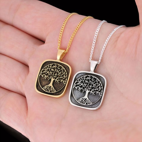 Christian Tree of Life Gold Plated Silver Necklace, Silver Square Tree of Life Necklace, 925 Sterling Silver Christian Pendants