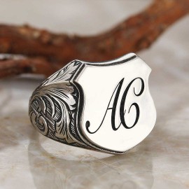 Custom Design Silver Motif A-C Letter Monogram Ring