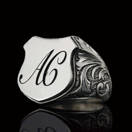 Custom Design Silver Motif A-C Letter Monogram Ring