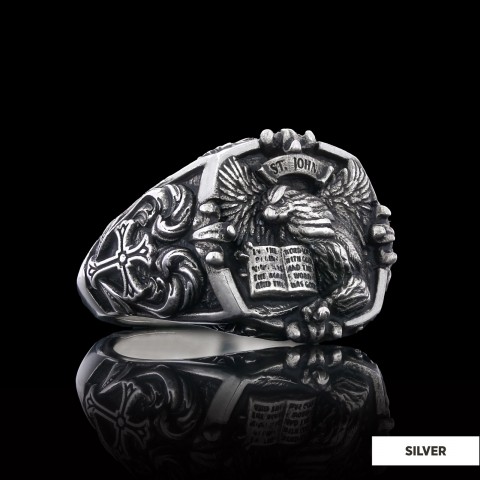 Eagle Of Saint John Apostle Evangelist Cross Pattern Signet Ring, Apostle Evangelist Symbol with Cross Engraving Ring, Christian Men's Ring