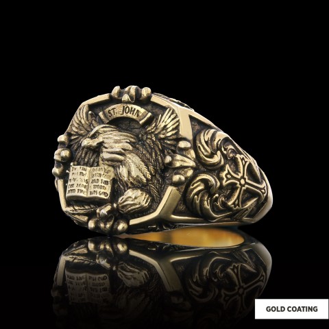 Eagle Of Saint John Apostle Evangelist Cross Pattern Signet Ring, Apostle Evangelist Symbol with Cross Engraving Ring, Christian Men's Ring