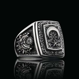 Unique Howling Wolf with Crescent&Star Motif Ottoman Ring
