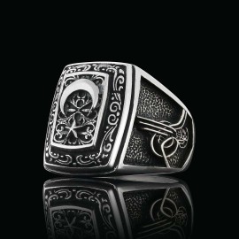 Unique Howling Wolf with Crescent&Star Motif Ottoman Ring