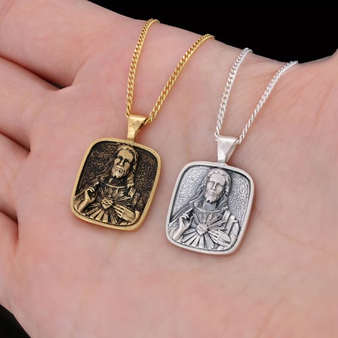 Handcrafted Square Jesus Necklace, Christ Religious Pendant, Christian Necklace, Religious Jewelry, Christ Gold Plated Pendant, Messiah Accessory