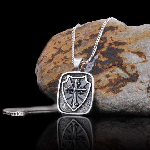 Knight's Cross and Shield Necklace, Silver Shield Necklace, Religious Gift for Men, Christian Armor Jewelry, Crusader Accessory
