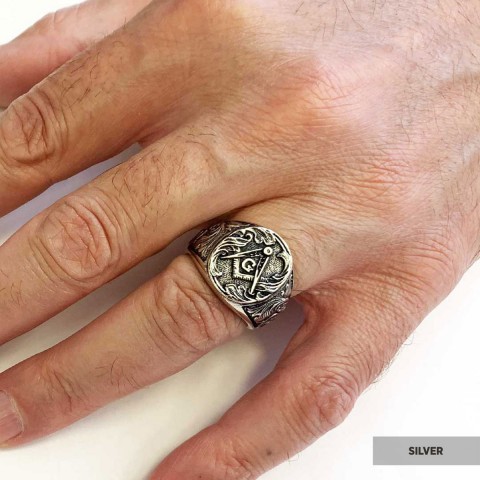 Masonic Compass Round Ring, Men Signet Mason Ring, Freemason Symbol Signet Ring
