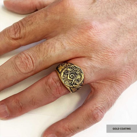 Masonic Compass Round Ring, Men Signet Mason Ring, Freemason Symbol Signet Ring