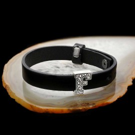 Motif 925 Sterling Silver Letter F Leather Bracelet