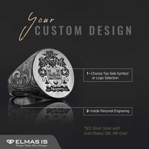 Oval Celtic Design Engraved Family Ring, Custom Design Handmade Family Crest Ring