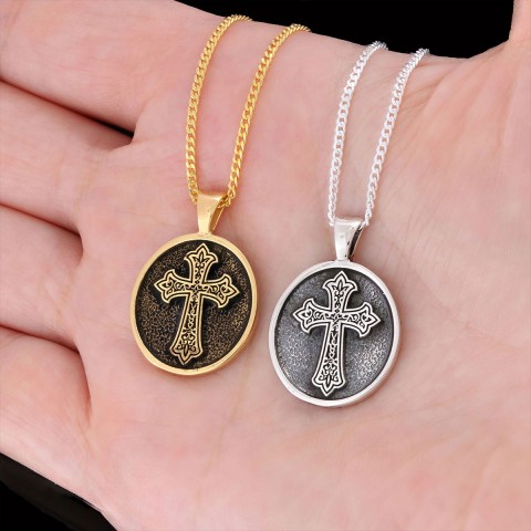 Oval Christian Cross Pendant, Special Design Cross Necklace, Cross Silver Oval Necklace