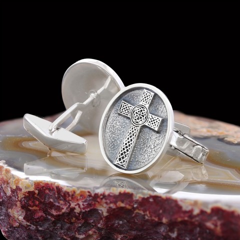 Oval Gold Plated 925 Sterling Silver Crusader Cufflinks, Silver Christian Cross Cufflinks, Silver Christian Cross Cufflinks