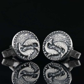 Handmade Silver Round Pisces Cufflink