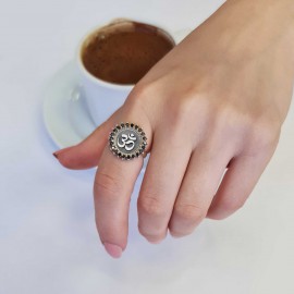 Round Stone Handmade Special Design Sterling Silver Om Buddha Women Ring