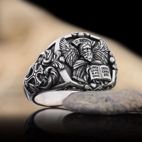 Saint Matthew Apostle Evangelist Christian Cross Signet Ring, Apostle Evangelist Symbol with Cross Engraving Ring, Christian Men's Ring