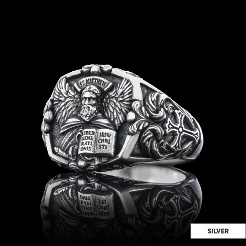 Saint Matthew Apostle Evangelist Christian Cross Signet Ring, Apostle Evangelist Symbol with Cross Engraving Ring, Christian Men's Ring