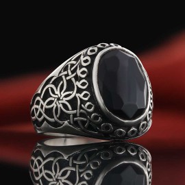 Side Patterned Natural Stone Sterling Silver Men Ring