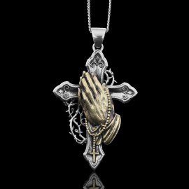 Silver Color Jesus Cross Praying Hands Necklace