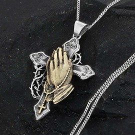 Silver Color Jesus Cross Praying Hands Necklace