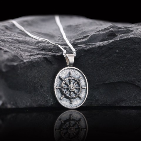 Silver Dharma Wheel Necklace, 8 Fold Path Pendant, Buddhism Charm, Dharmachakra Pendant