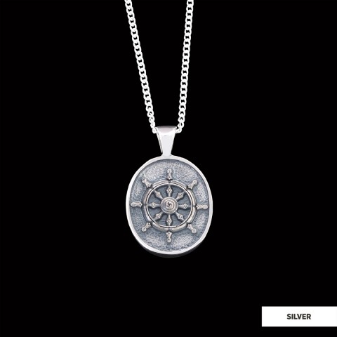 Silver Dharma Wheel Necklace, 8 Fold Path Pendant, Buddhism Charm, Dharmachakra Pendant