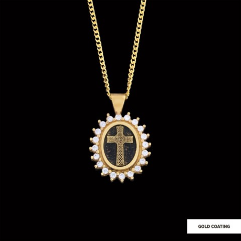 Silver Oval Cross Necklace, Stone Cross Silver Necklace, Gold Plated Silver Christian Cross Stone Necklace, Women's Religious Necklace