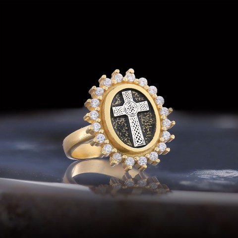 Silver Oval Cross Ring, Stone Cross Silver Ring, Gold Plated Silver Christian Cross Stone Ring, Women's Religious Ring