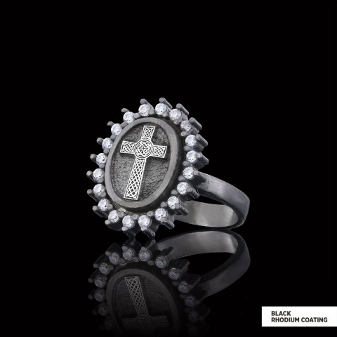 Silver Oval Cross Ring, Stone Cross Silver Ring, Gold Plated Silver Christian Cross Stone Ring, Women's Religious Ring