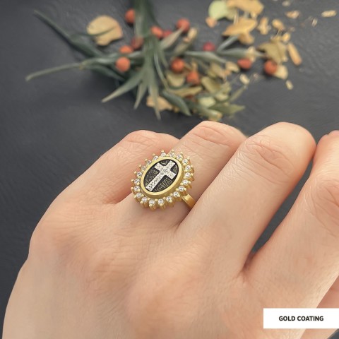 Silver Oval Cross Ring, Stone Cross Silver Ring, Gold Plated Silver Christian Cross Stone Ring, Women's Religious Ring