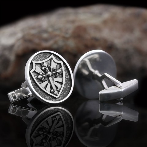 Silver Shield Cufflinks, Religious Gift for Men, Christian Armor Jewelry, Knight’s Cross and Shield Cufflinks