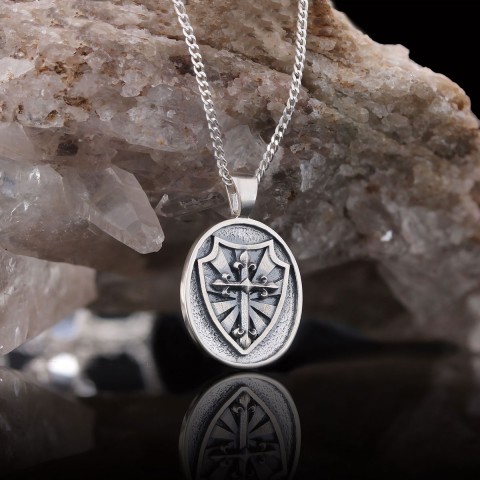 Silver Shield Pendant, Religious Gift for Men, Christian Armor Jewelry, Knight’s Cross and Shield Necklace