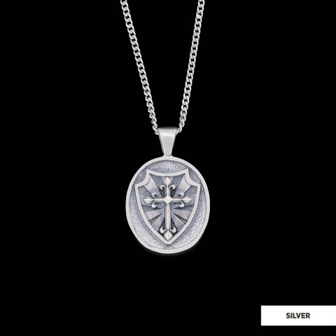 Silver Shield Pendant, Religious Gift for Men, Christian Armor Jewelry, Knight’s Cross and Shield Necklace