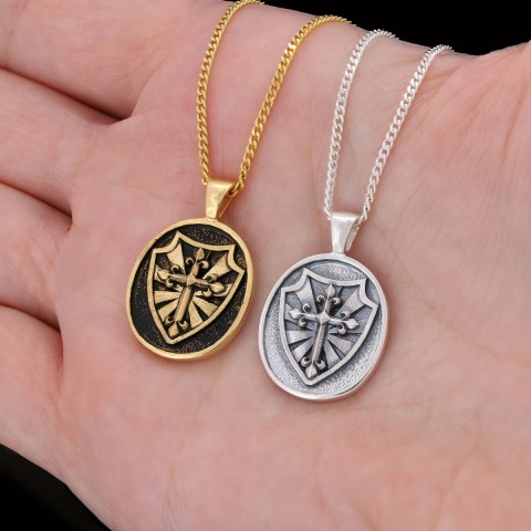 Silver Shield Pendant, Religious Gift for Men, Christian Armor Jewelry, Knight’s Cross and Shield Necklace