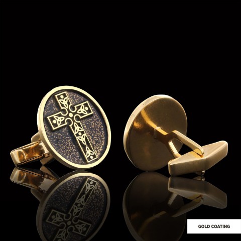 Special Design Motif Cross Cufflinks, Gold Plated Silver Cross Christian Cufflinks, Oval Silver Cufflinks