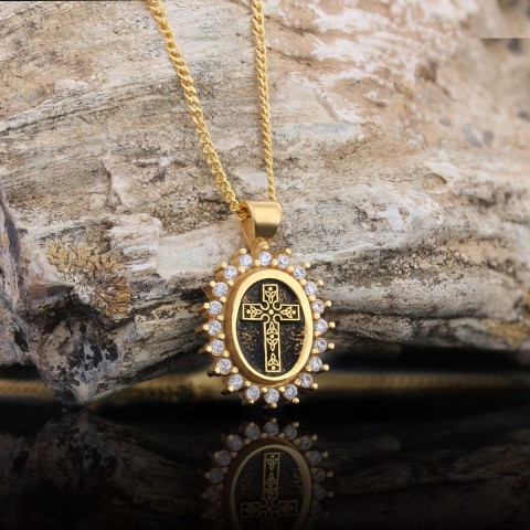 Special Design Stone Motif Cross Necklace, Gold Plated Silver Cross Christian Pendant, Stone Oval Silver Necklace