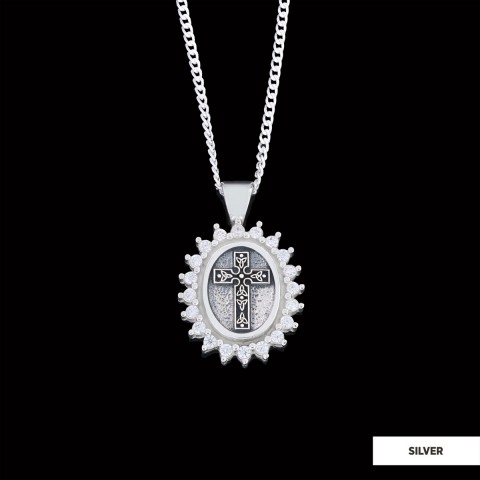 Special Design Stone Motif Cross Necklace, Gold Plated Silver Cross Christian Pendant, Stone Oval Silver Necklace