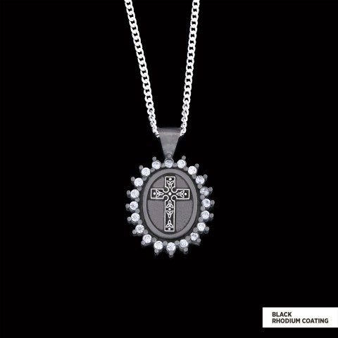 Special Design Stone Motif Cross Necklace, Gold Plated Silver Cross Christian Pendant, Stone Oval Silver Necklace