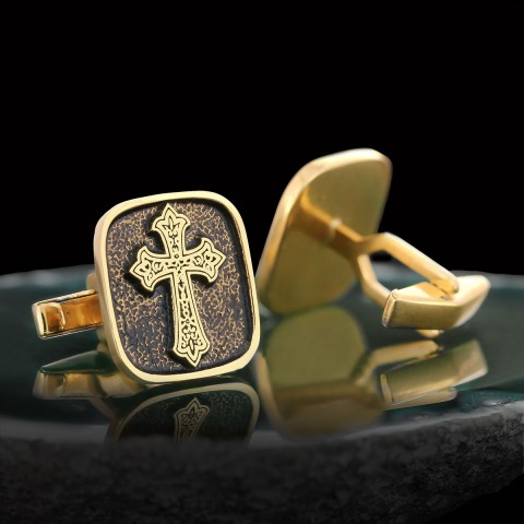 Specially Designed Silver Cross Cufflinks, Gold Plated Motif Cross Cufflinks, Square Cross Special Cufflinks