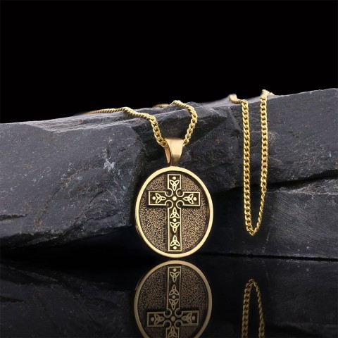 Special Design Motif Cross Necklace, Gold Plated Silver Cross Christian Pendants, Oval Silver Necklace
