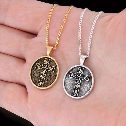 Special Design Motif Cross Necklace, Gold Plated Silver Cross Christian Pendants, Oval Silver Necklace