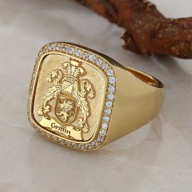 925 Sterling Silver Square Raised Family Crest Ring