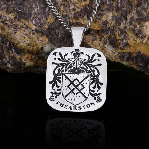 Square Engraved Family Crest Pendant, Personalized Engraved Family Crest Necklace