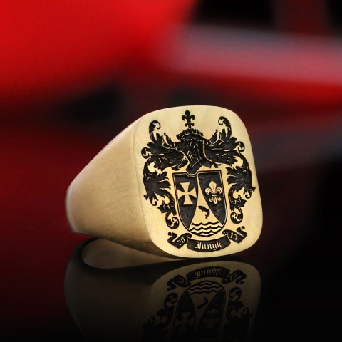 Square Engraved Family Crest Ring